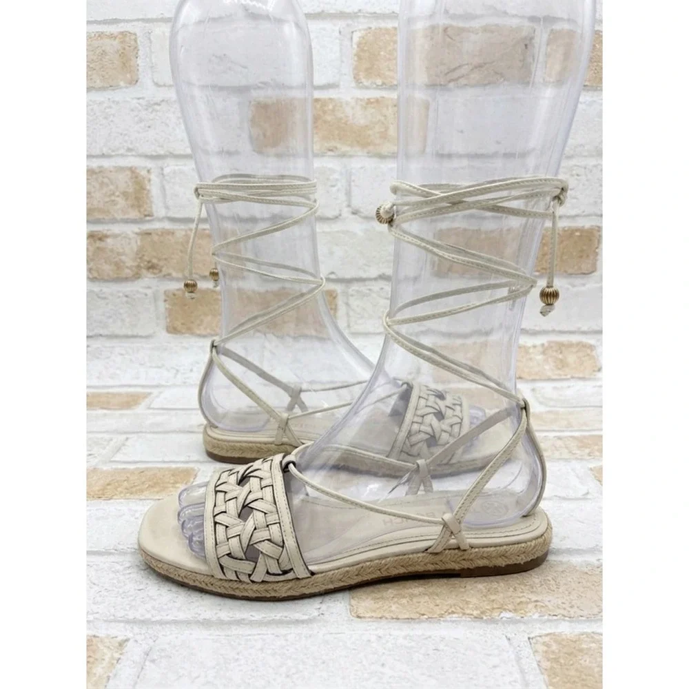 Tory Burch Cream Leather Woven Lace Up Gladiator Sandals Espadrille Trim Flat